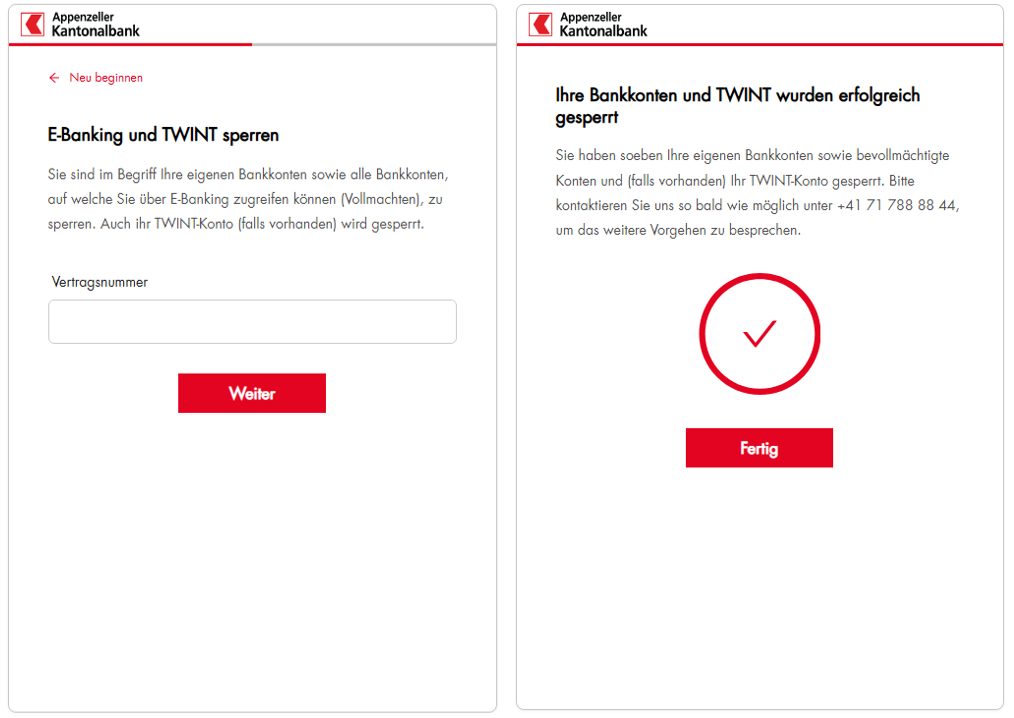 Sperrung Notfall E-Banking und TWINT